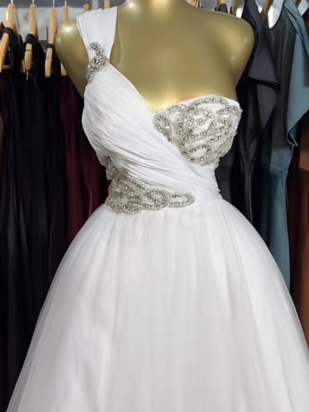 Terani White One-Shoulder Beaded Tulle Princess Ball Gown Wedding Dress Full